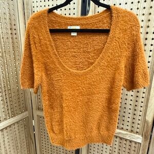 Maeve Anthropologie‎ Fuzzy Knit Top Short Sleeve Orange Women's Small